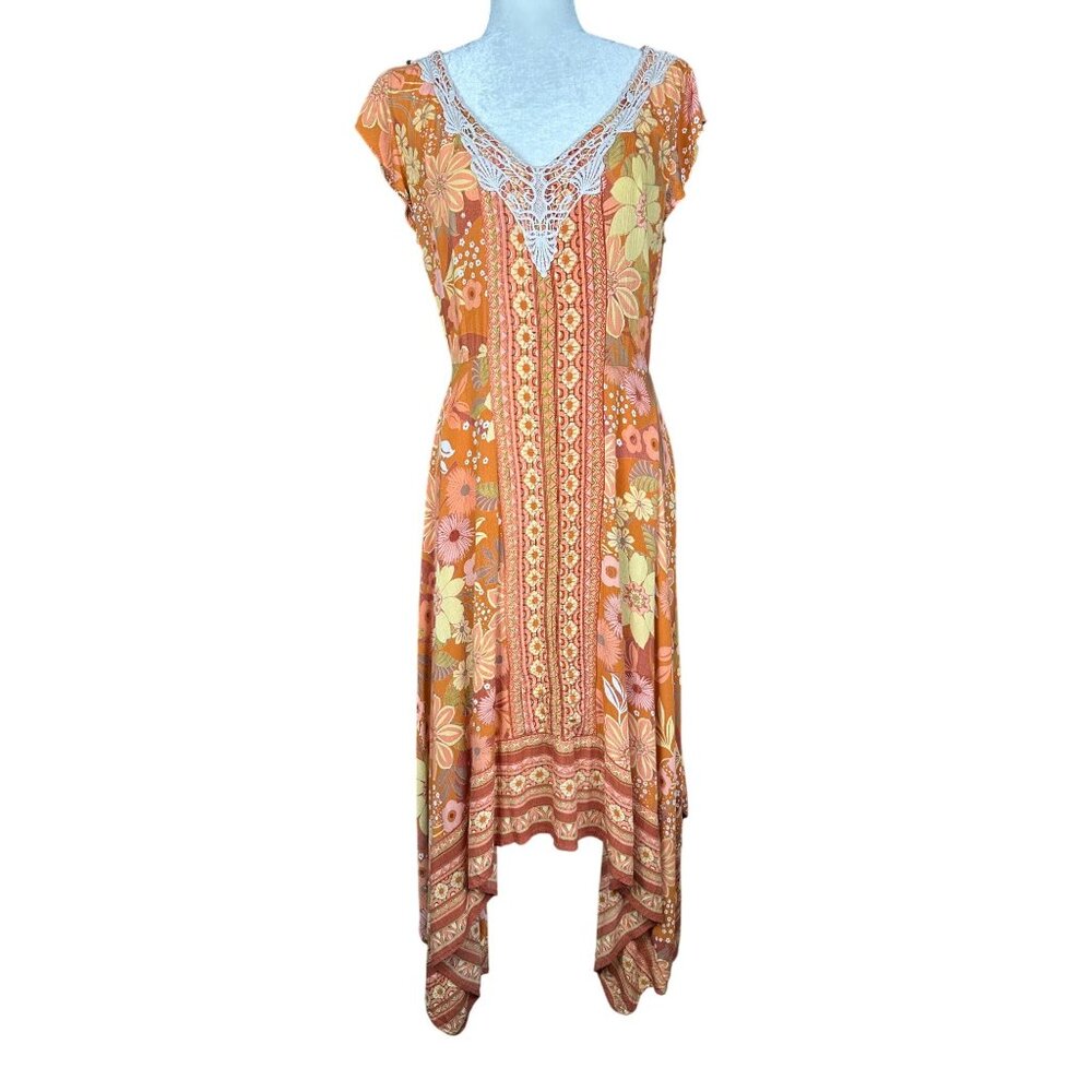 Lola P Dress Medium Floral Asymmetrical Handkerchief Hem Boho Y2K Fairy Tropical - Picture 2 of 15